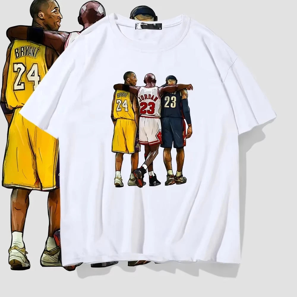 Kobe Bryant Summer Short-Sleeved T-Shirt Lebron James Design Big Three Basketball Group Photo Back View Unisex Fashion Top Tee