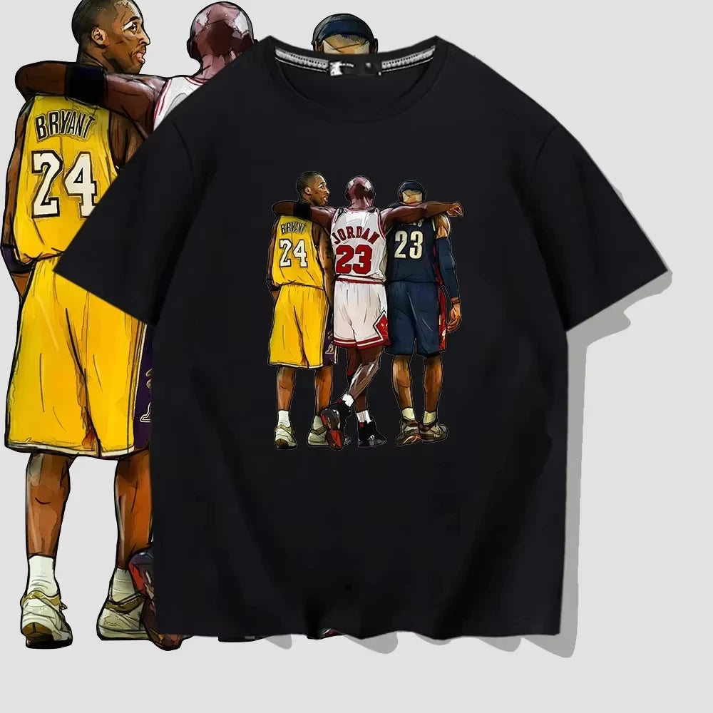 Kobe Bryant Summer Short-Sleeved T-Shirt Lebron James Design Big Three Basketball Group Photo Back View Unisex Fashion Top Tee