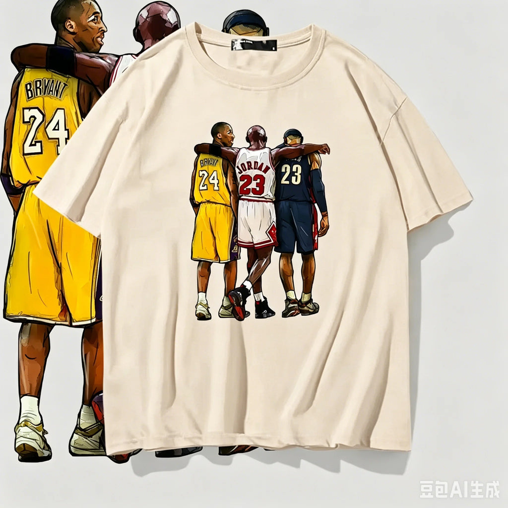 Kobe Bryant Summer Short-Sleeved T-Shirt Lebron James Design Big Three Basketball Group Photo Back View Unisex Fashion Top Tee