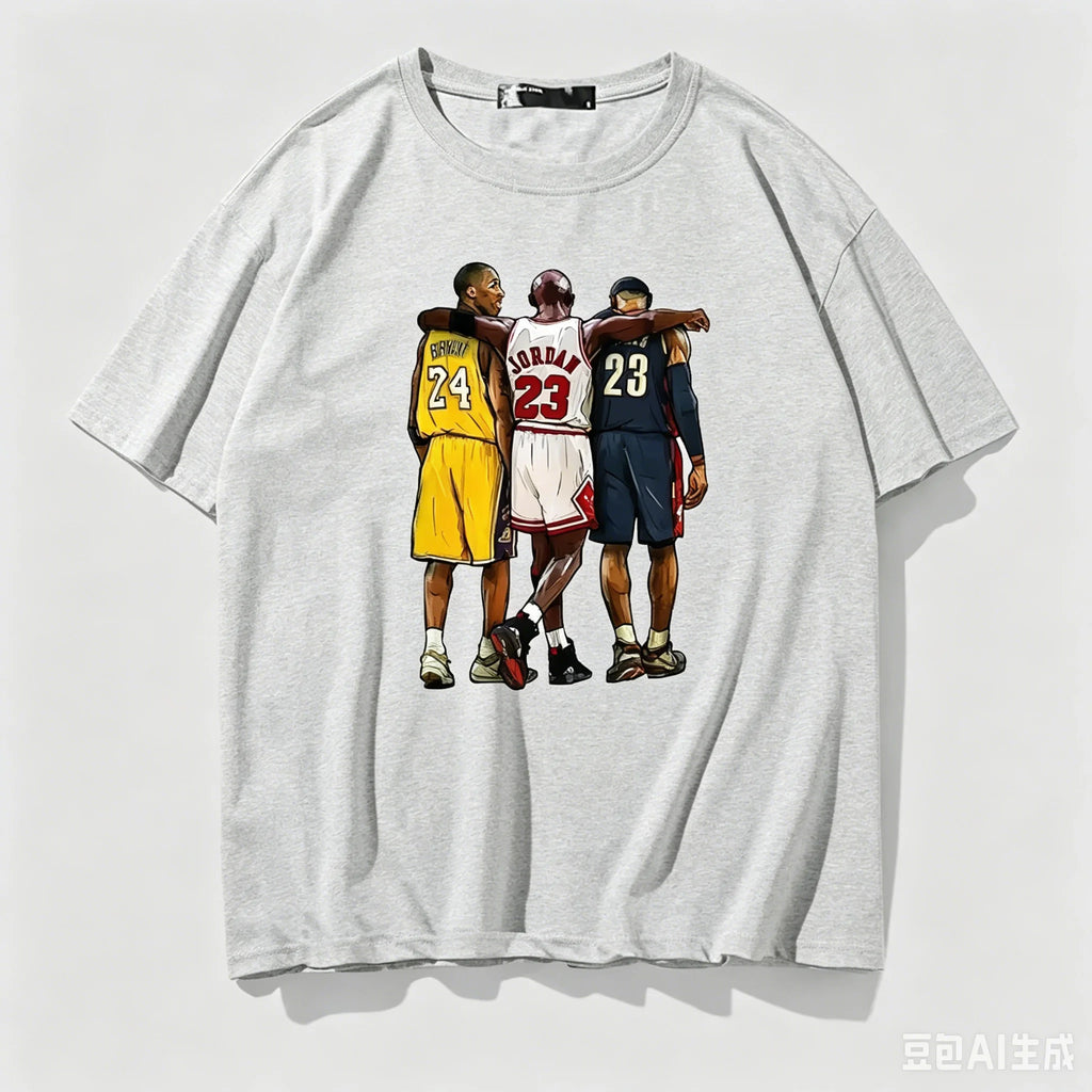 Kobe Bryant Summer Short-Sleeved T-Shirt Lebron James Design Big Three Basketball Group Photo Back View Unisex Fashion Top Tee