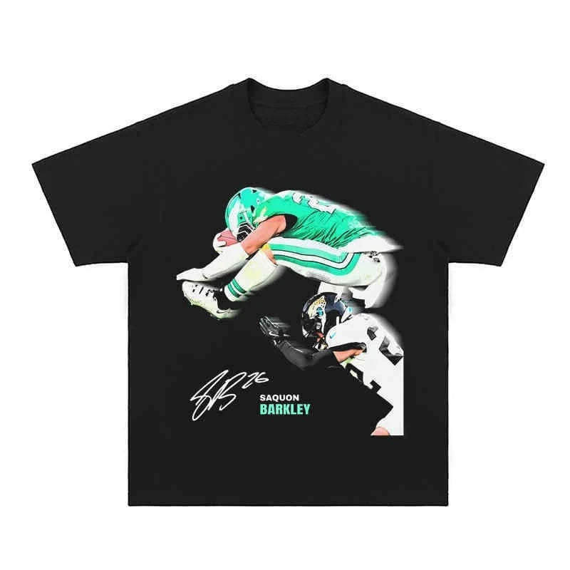 2025 Summer all season Women and men An American Short-sleeved T-shirt with A Flying Scene of Saquon Barkley in NFL Football