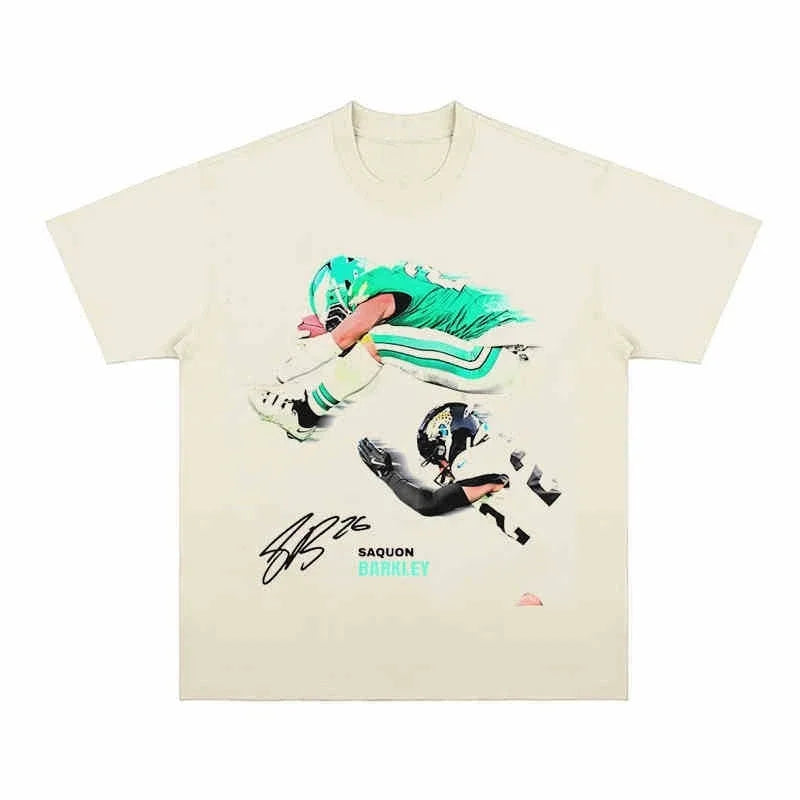 2025 Summer all season Women and men An American Short-sleeved T-shirt with A Flying Scene of Saquon Barkley in NFL Football