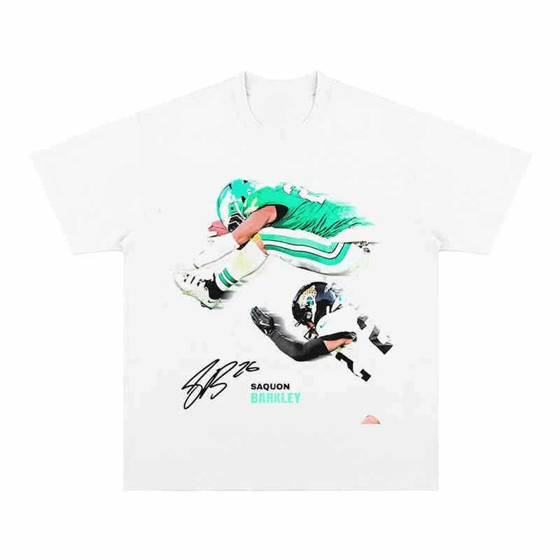 2025 Summer all season Women and men An American Short-sleeved T-shirt with A Flying Scene of Saquon Barkley in NFL Football